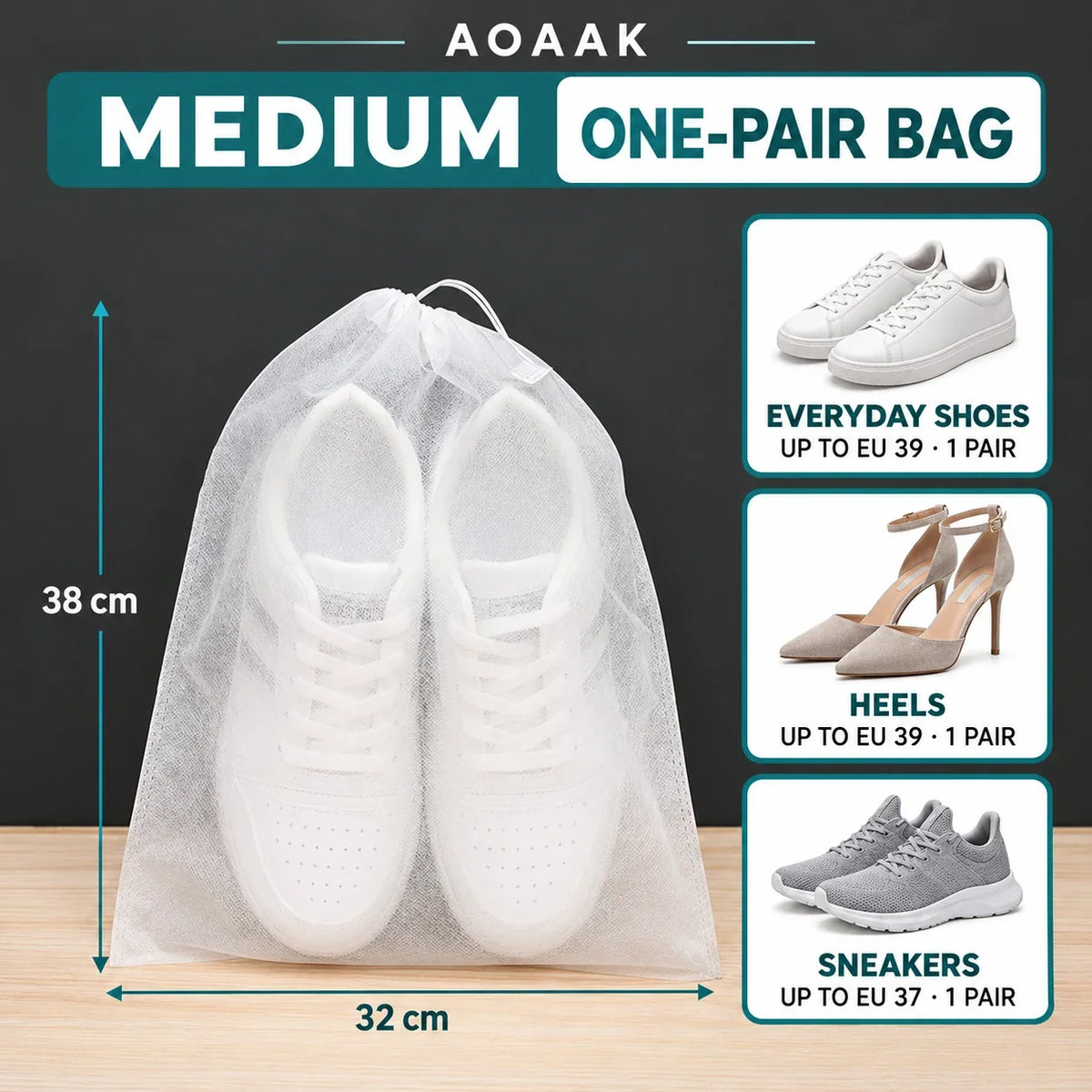 AOAAK medium one-pair shoe bag size guide — 38 × 32 cm