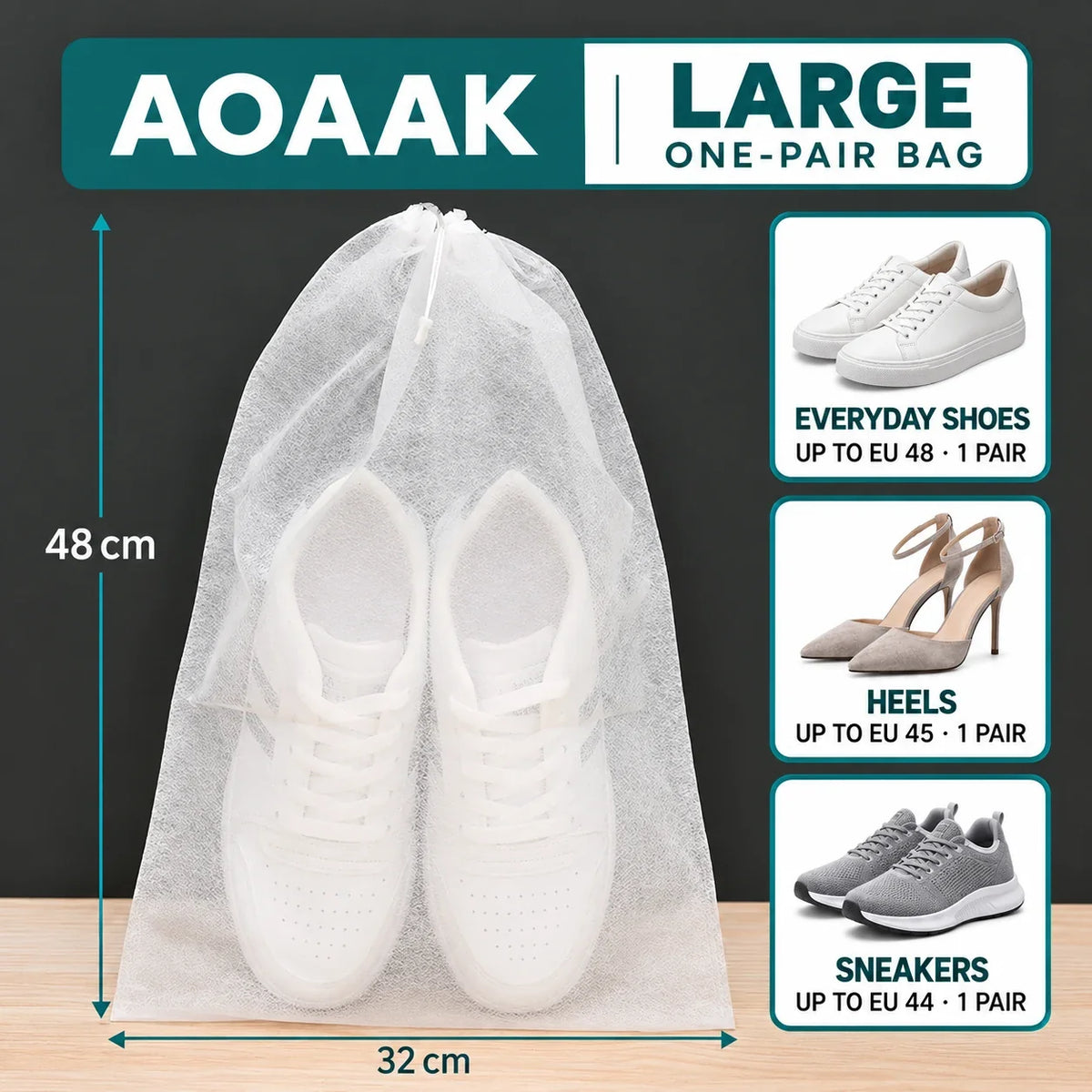 AOAAK large one-pair shoe bag size guide — 48 × 32 cm